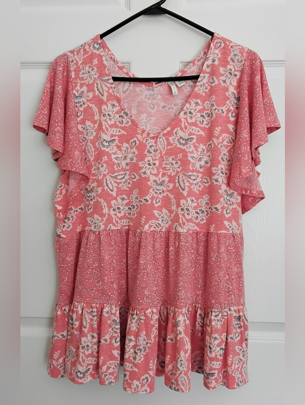 Cato Pink Floral V-Neck Ruffle Tunic Top